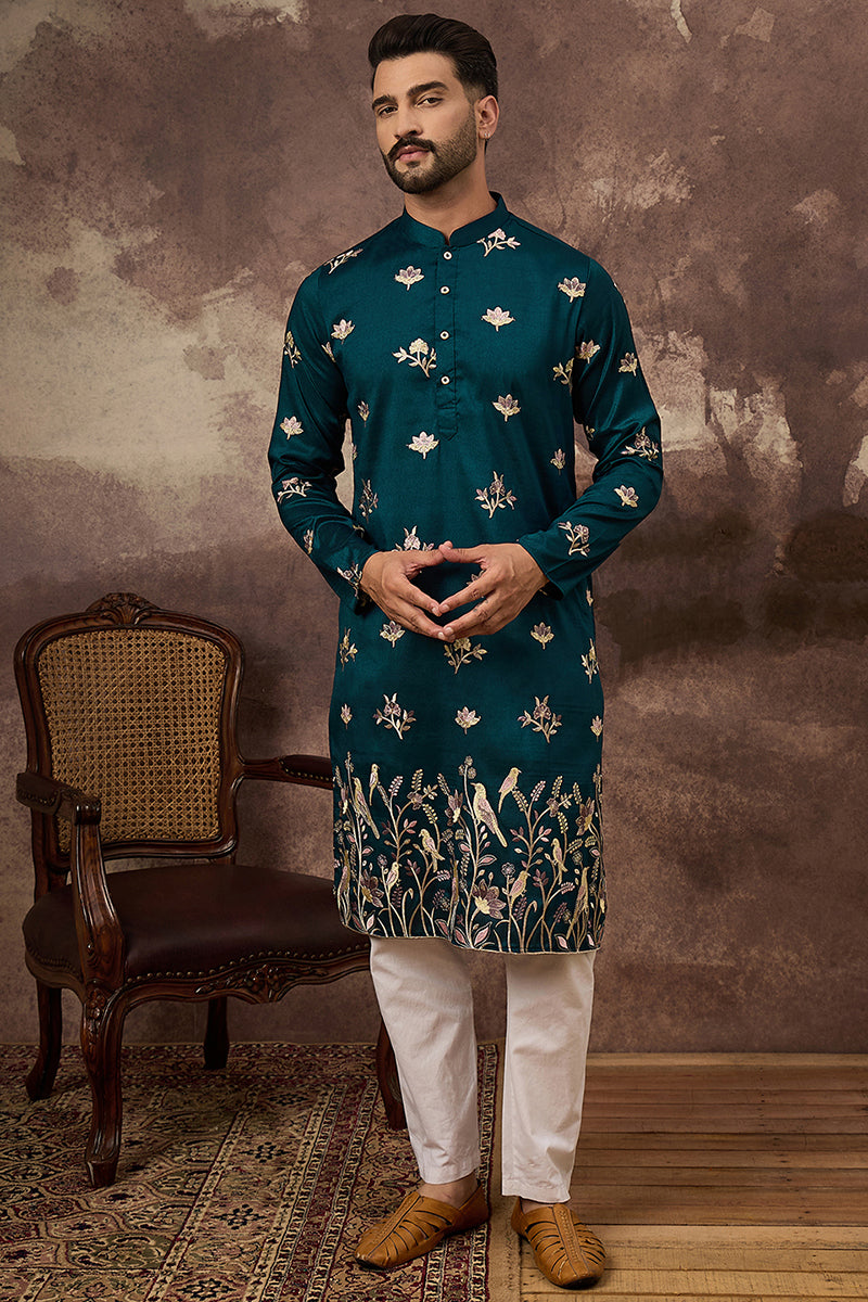 Blue Silk Blend Solid Embroidered Straight Kurta and Trouser MKSET1342