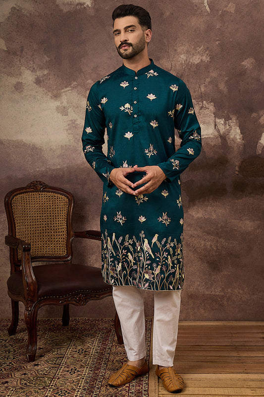 Blue Silk Blend Solid Embroidered Straight Kurta and Trouser MKSET1342