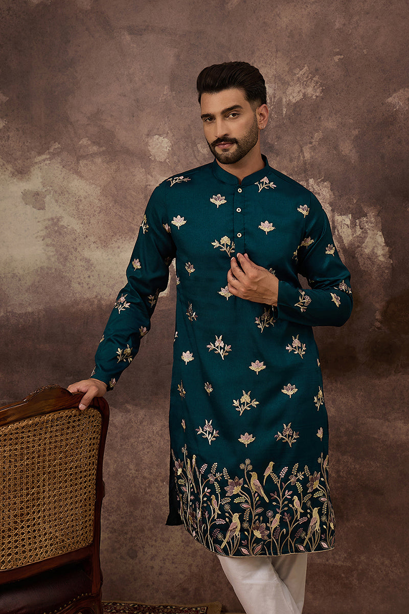 Blue Silk Blend Solid Embroidered Straight Kurta and Trouser MKSET1342