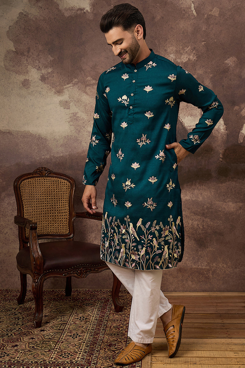 Blue Silk Blend Solid Embroidered Straight Kurta and Trouser MKSET1342