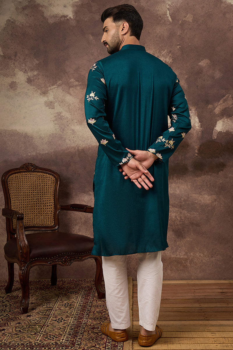 Blue Silk Blend Solid Embroidered Straight Kurta and Trouser MKSET1342