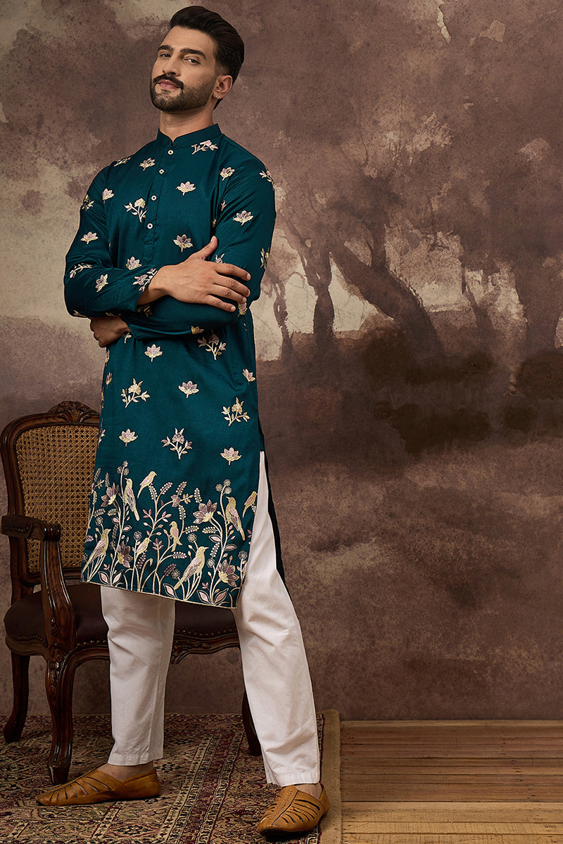 Blue Silk Blend Solid Embroidered Straight Kurta and Trouser