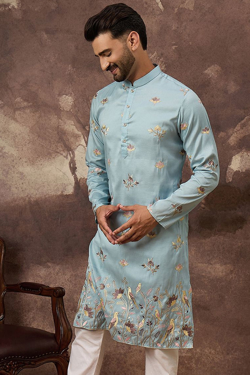 Blue Silk Blend Solid Embroidered Straight Kurta and Trouser MKSET1343