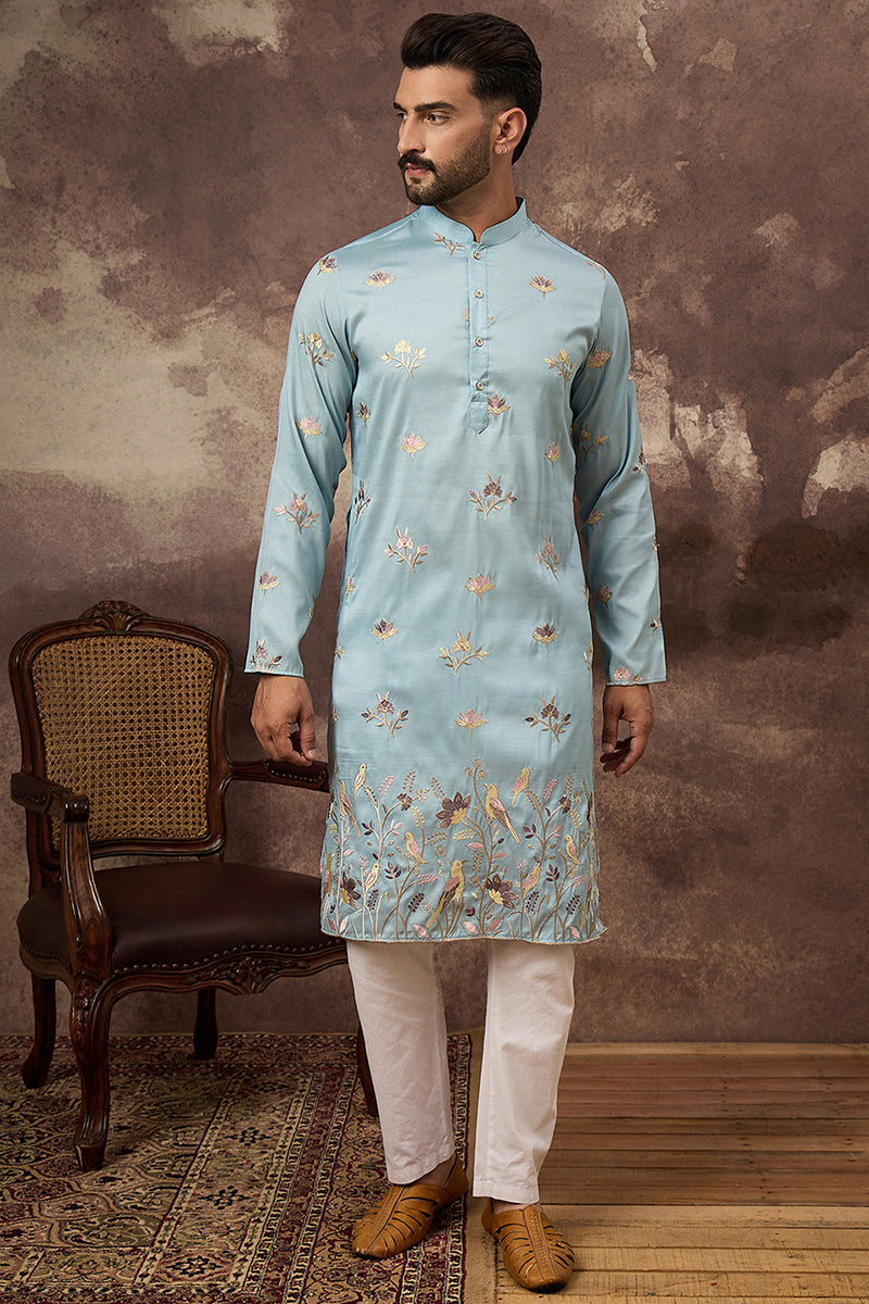 Blue Silk Blend Solid Embroidered Straight Kurta and Trouser MKSET1343