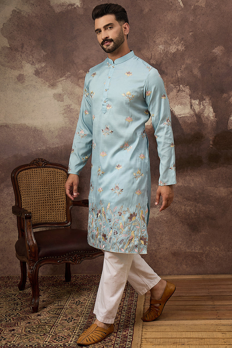 Blue Silk Blend Solid Embroidered Straight Kurta and Trouser MKSET1343