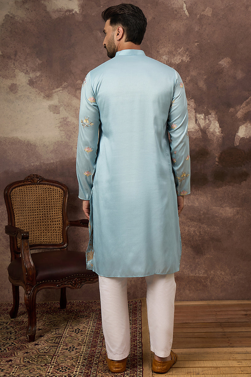 Blue Silk Blend Solid Embroidered Straight Kurta and Trouser
