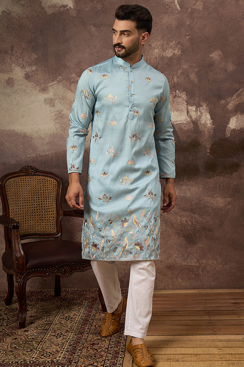 Blue Silk Blend Solid Embroidered Straight Kurta and Trouser