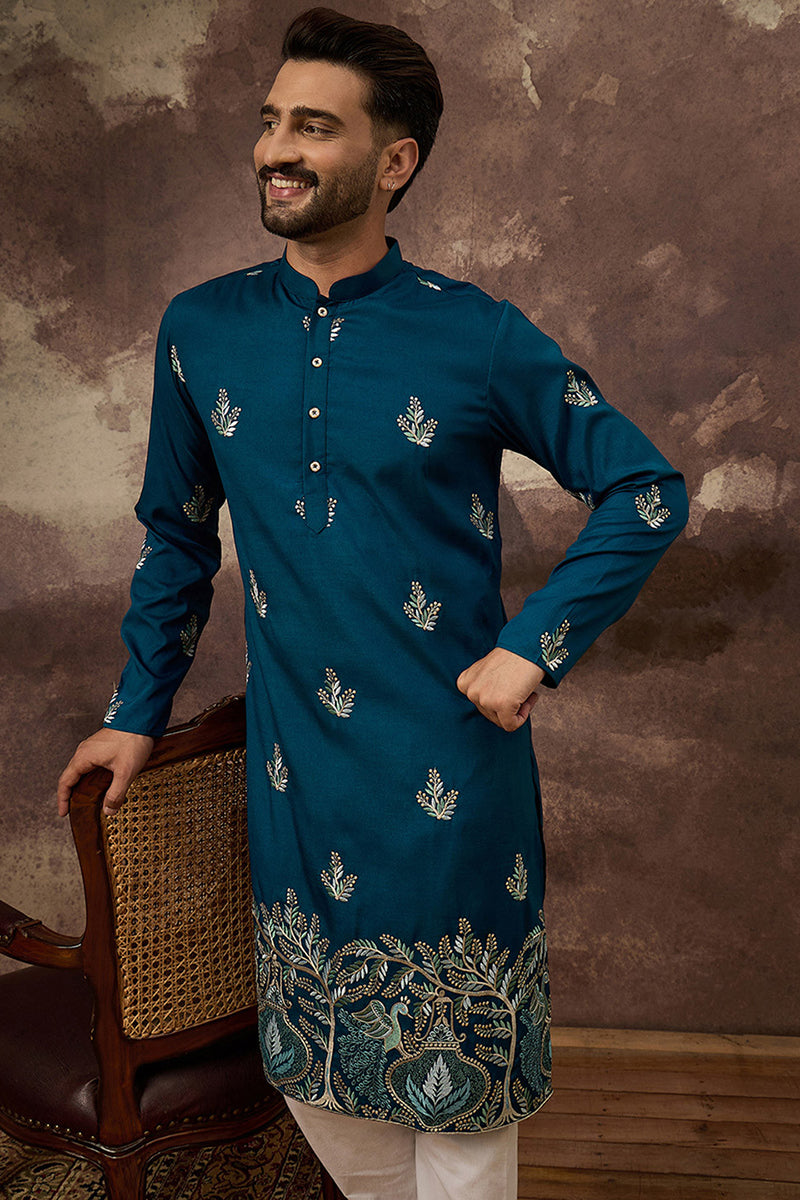 blue silk blend solid embroidered straight kurta with trouser