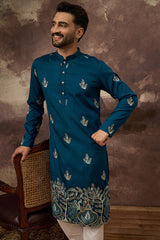 blue silk blend solid embroidered straight kurta with trouser
