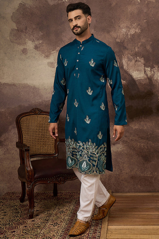 blue silk blend solid embroidered straight kurta with trouser