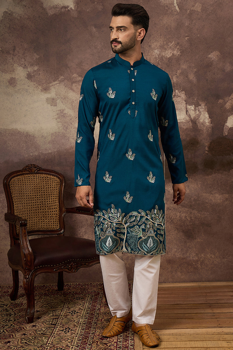 blue silk blend solid embroidered straight kurta with trouser