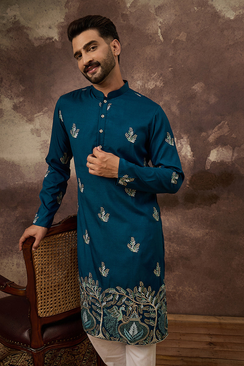 blue silk blend solid embroidered straight kurta with trouser