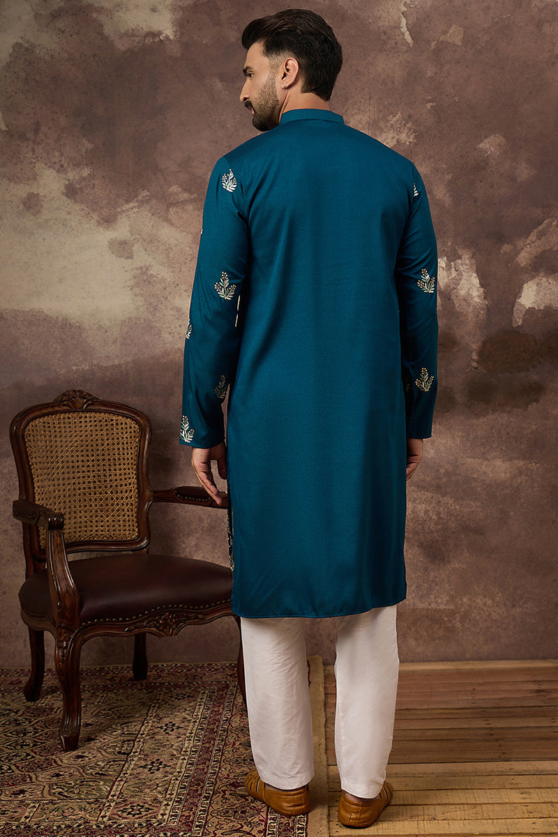 blue silk blend solid embroidered straight kurta with trouser
