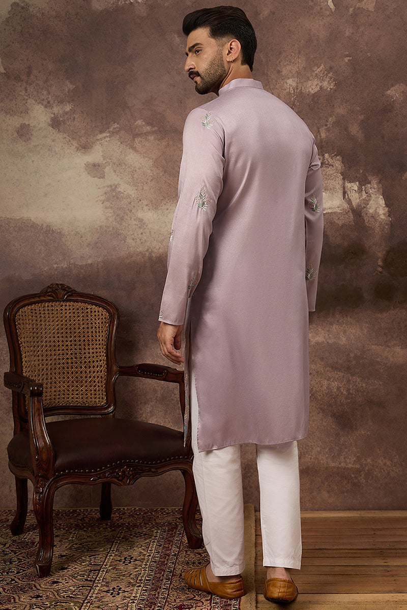 Lavender Silk Blend Solid Embroidered Straight Kurta with Trouser MKSET1349