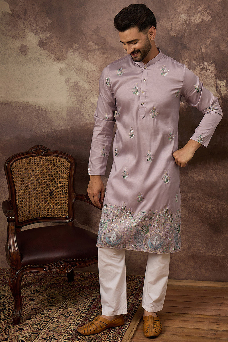 Lavender Silk Blend Solid Embroidered Straight Kurta with Trouser MKSET1349