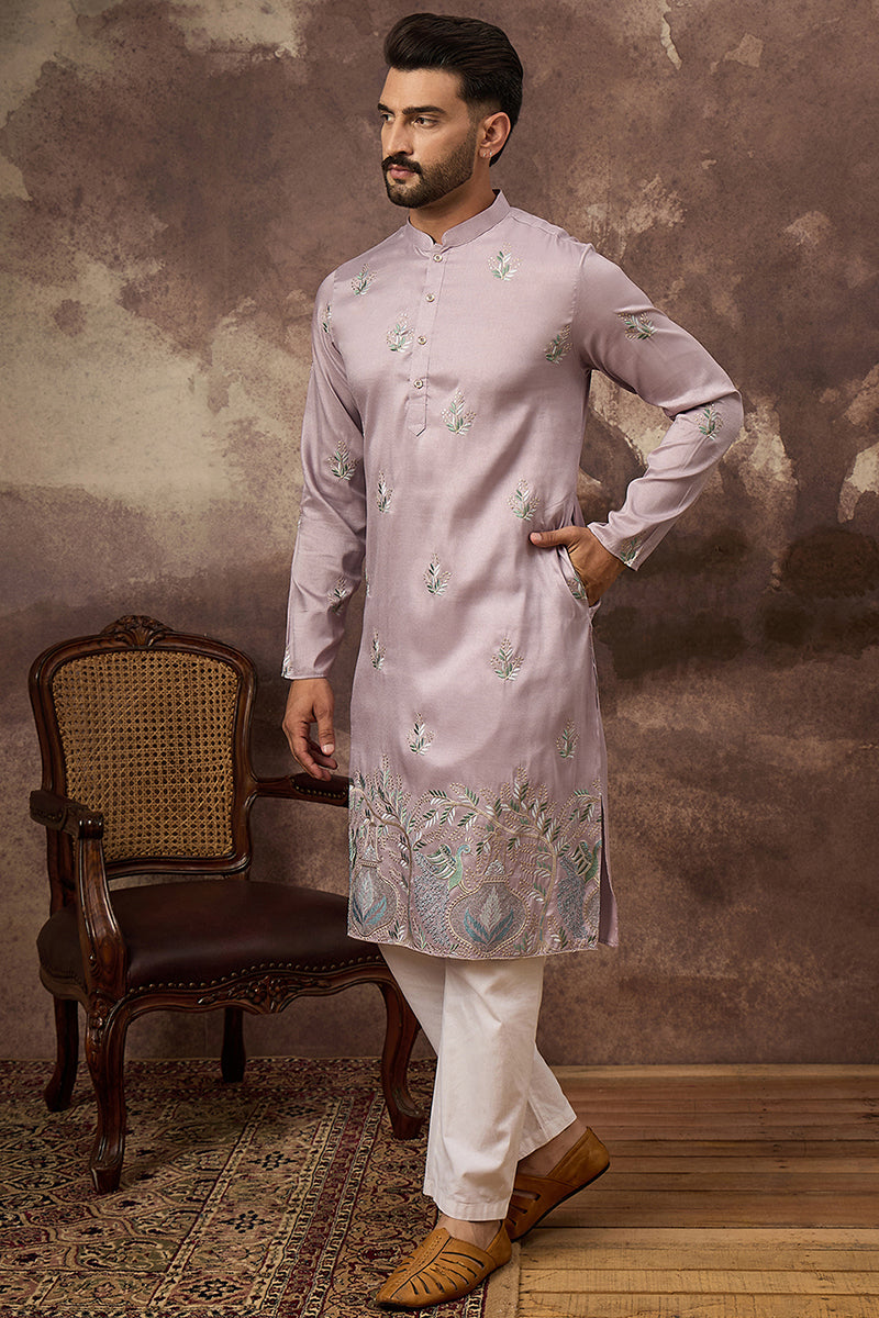 Lavender Silk Blend Solid Embroidered Straight Kurta with Trouser MKSET1349