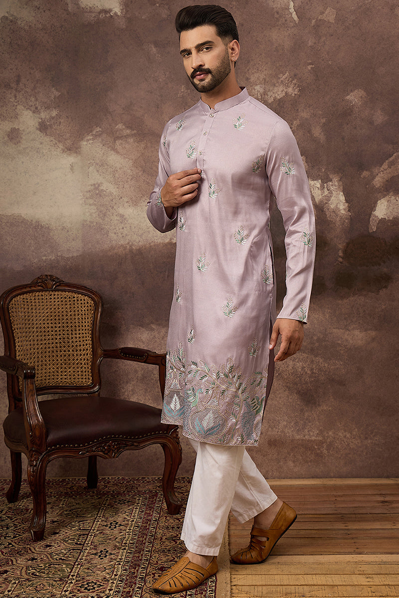 Lavender Silk Blend Solid Embroidered Straight Kurta with Trouser