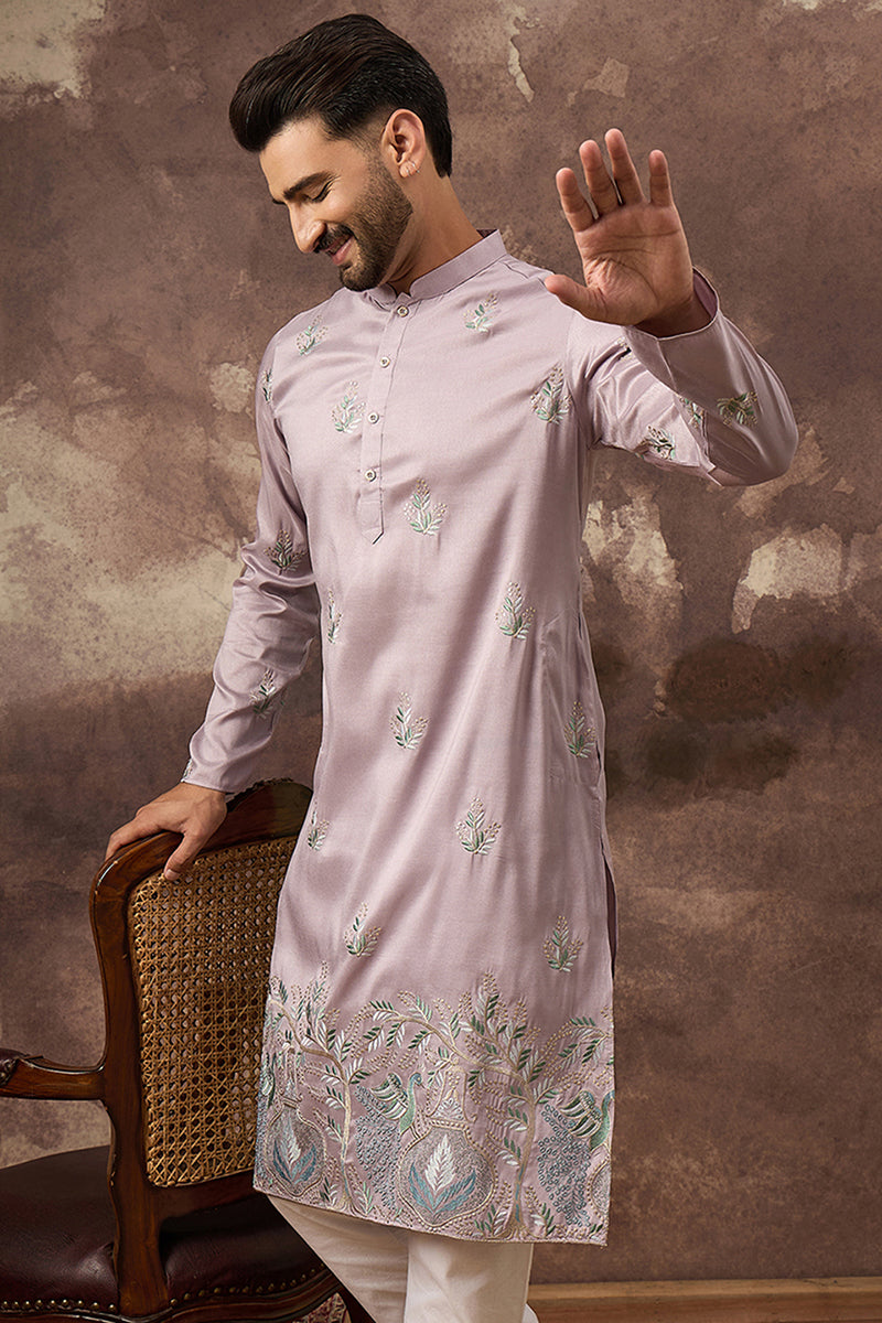 Lavender Silk Blend Solid Embroidered Straight Kurta with Trouser