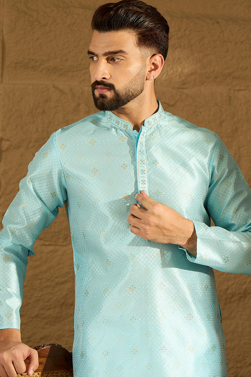Blue Silk Blend Solid Woven Design Straight Kurta with Trouser MKSET1350