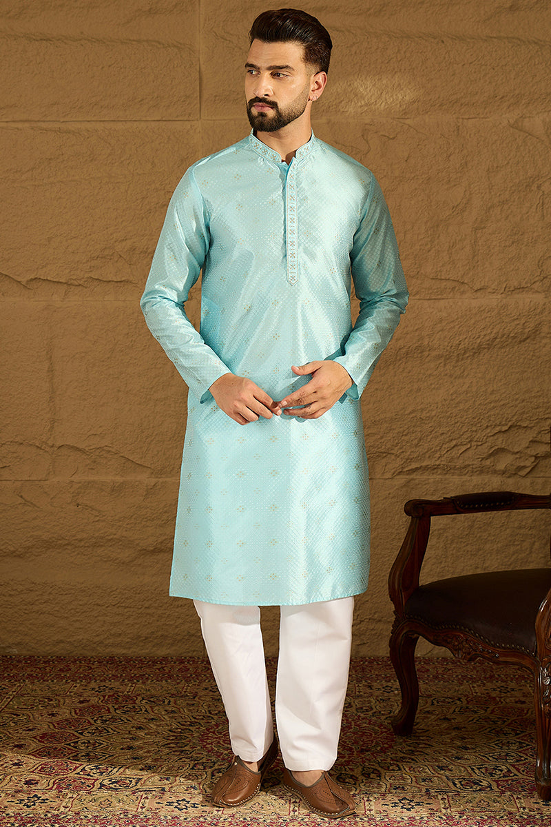 Blue Silk Blend Solid Woven Design Straight Kurta with Trouser MKSET1350