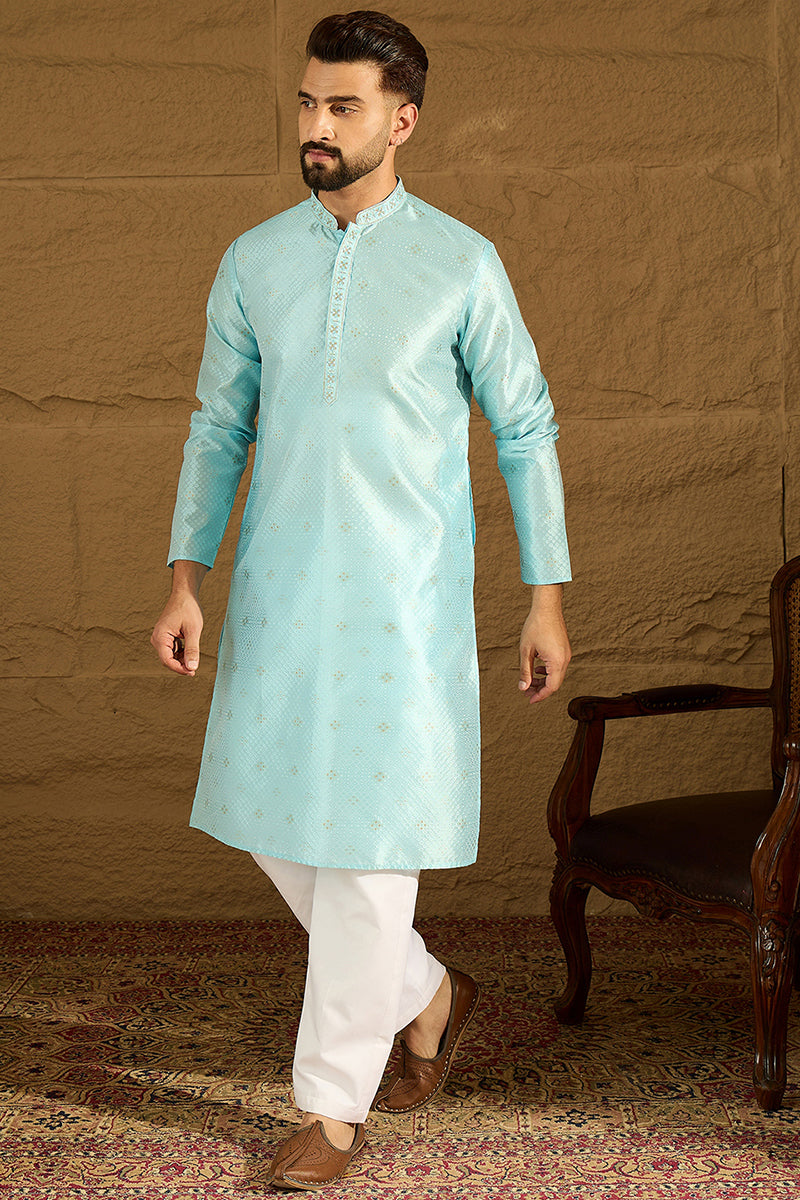 Blue Silk Blend Solid Woven Design Straight Kurta with Trouser MKSET1350
