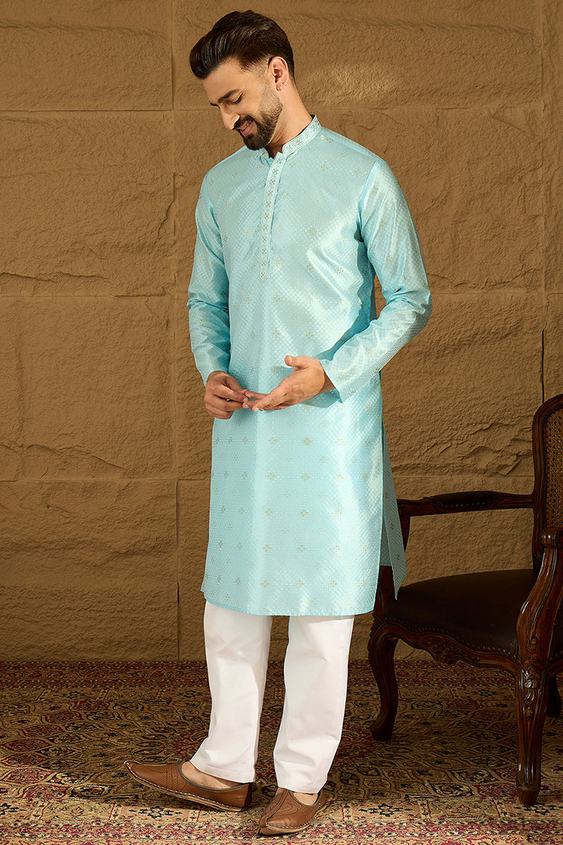 Blue Silk Blend Solid Woven Design Straight Kurta with Trouser