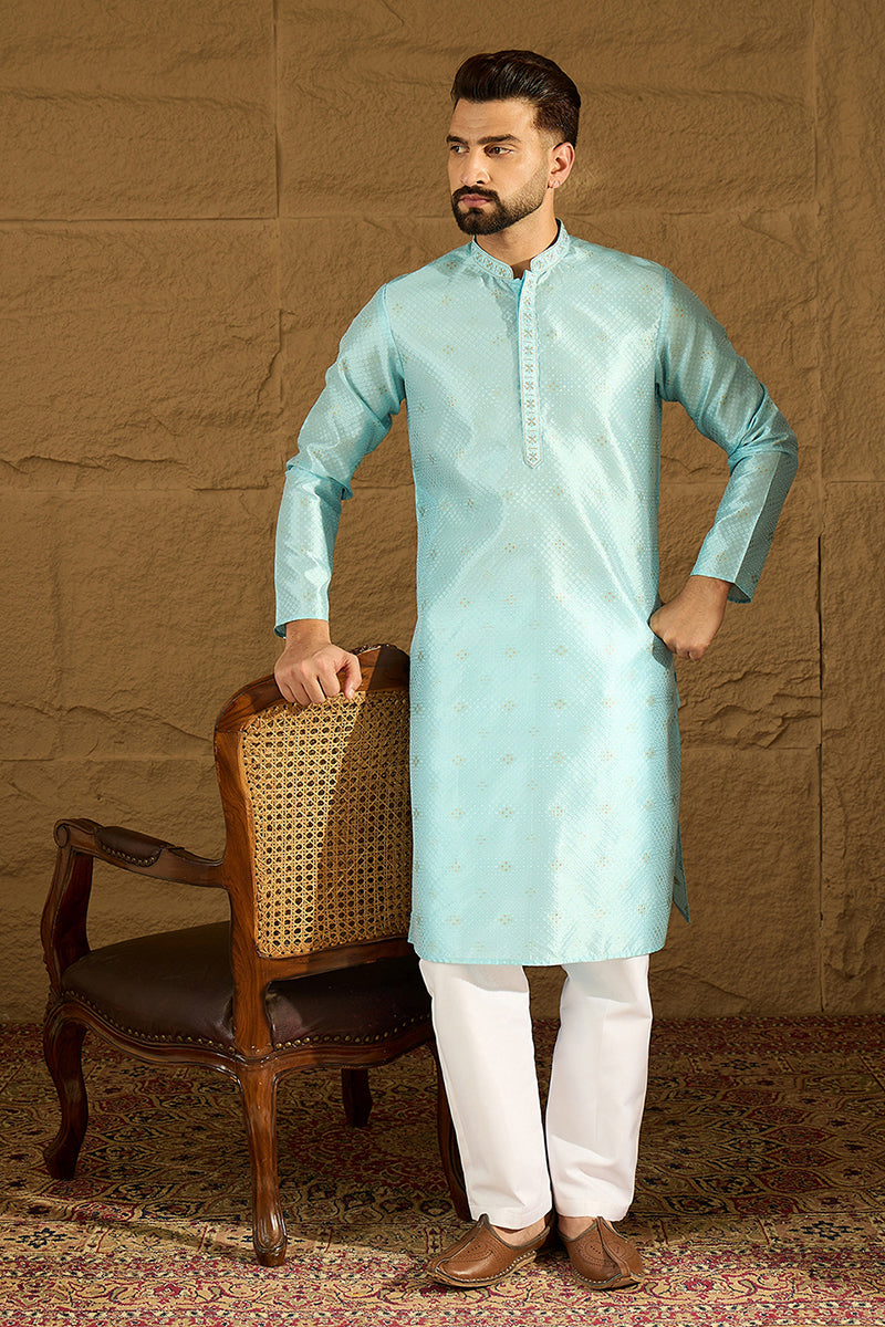 Blue Silk Blend Solid Woven Design Straight Kurta with Trouser