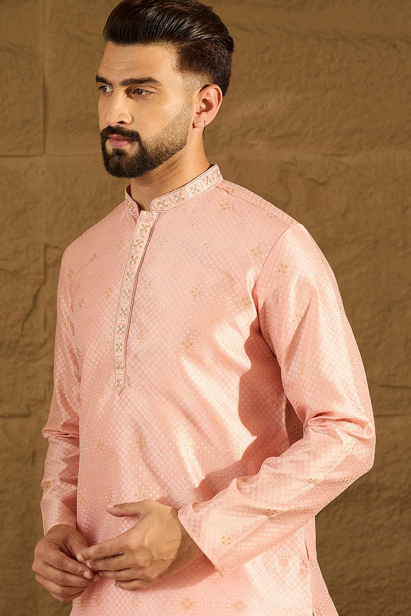 peach polyester solid embroidered straight kurta with trouser
