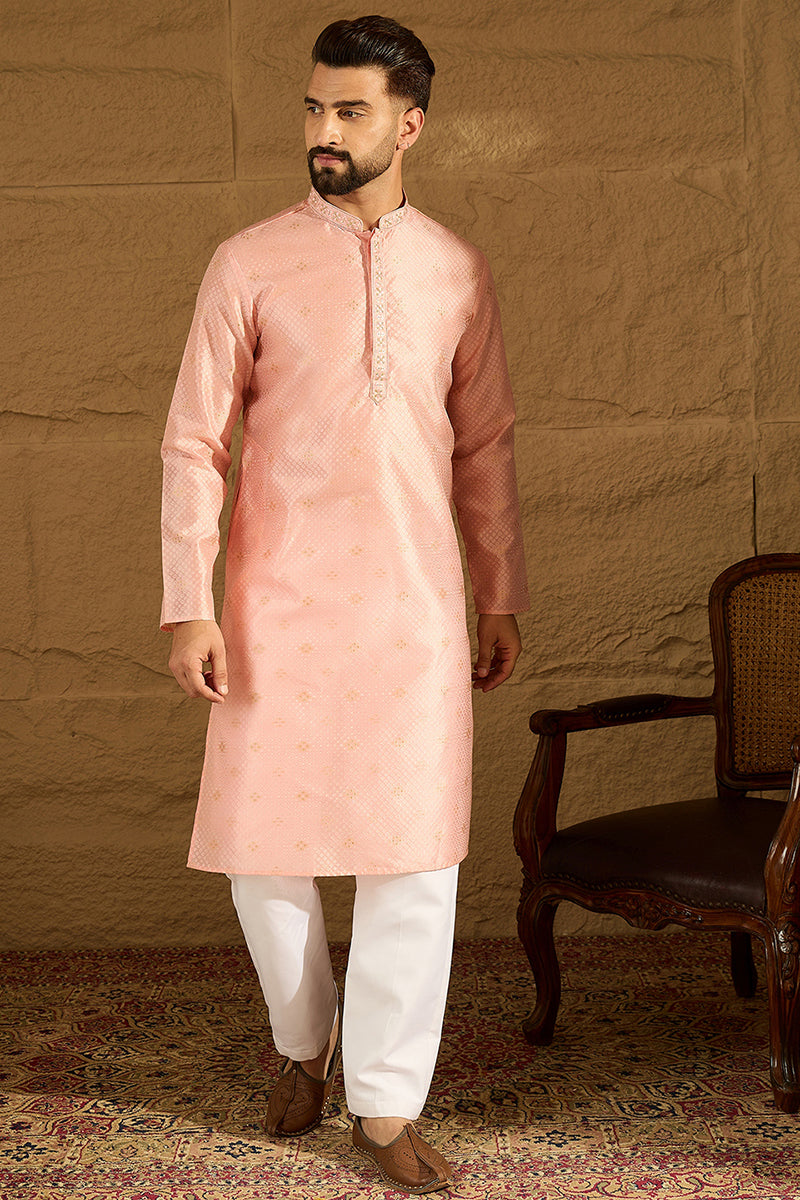 peach polyester solid embroidered straight kurta with trouser