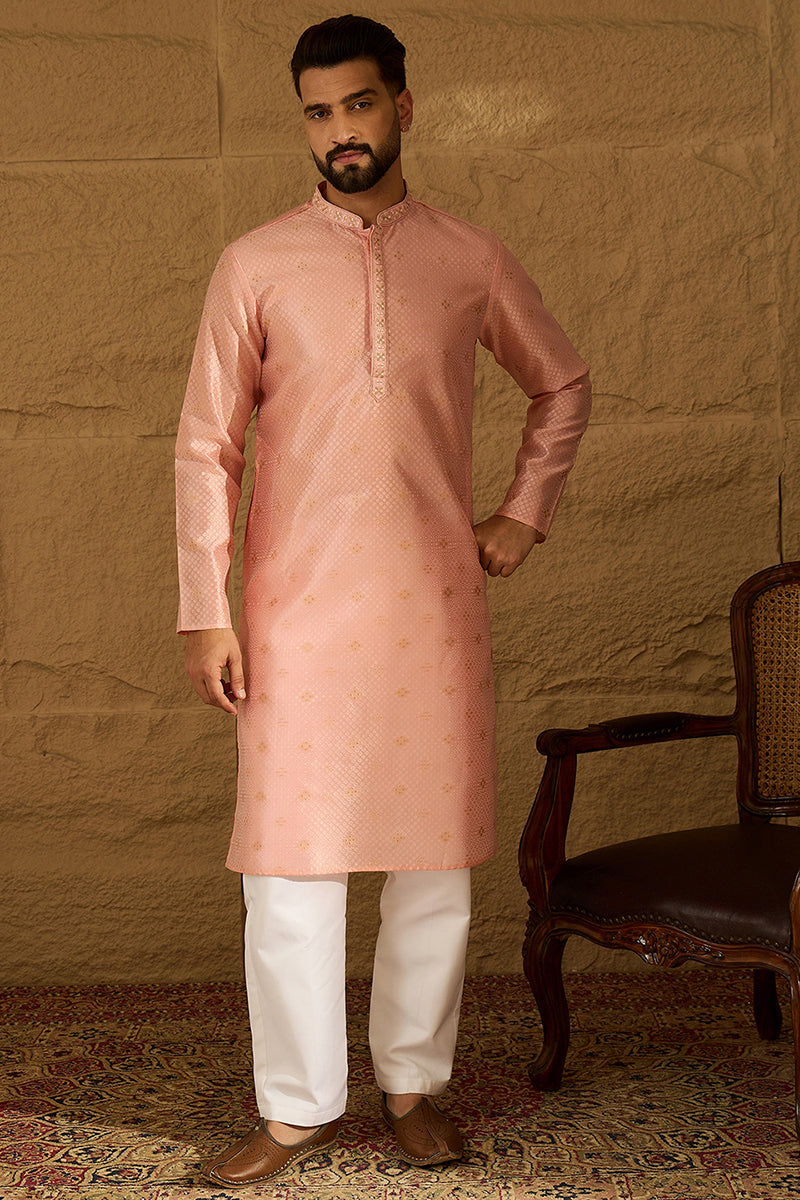 peach polyester solid embroidered straight kurta with trouser