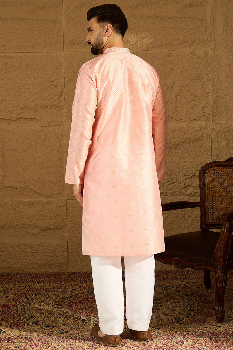 peach polyester solid embroidered straight kurta with trouser