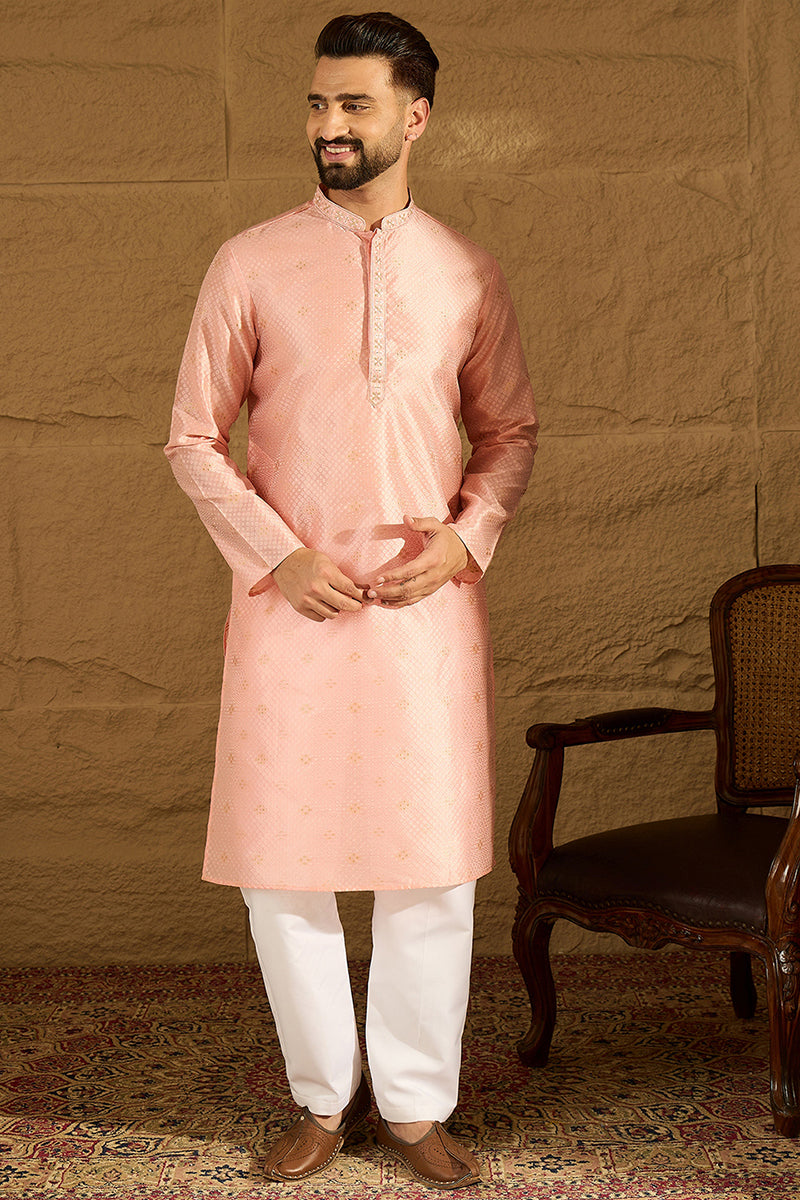 peach polyester solid embroidered straight kurta with trouser