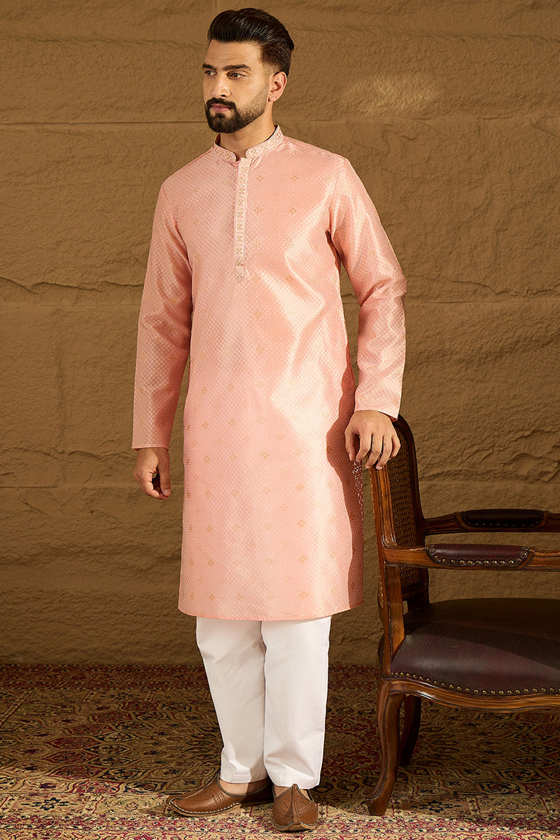 peach polyester solid embroidered straight kurta with trouser
