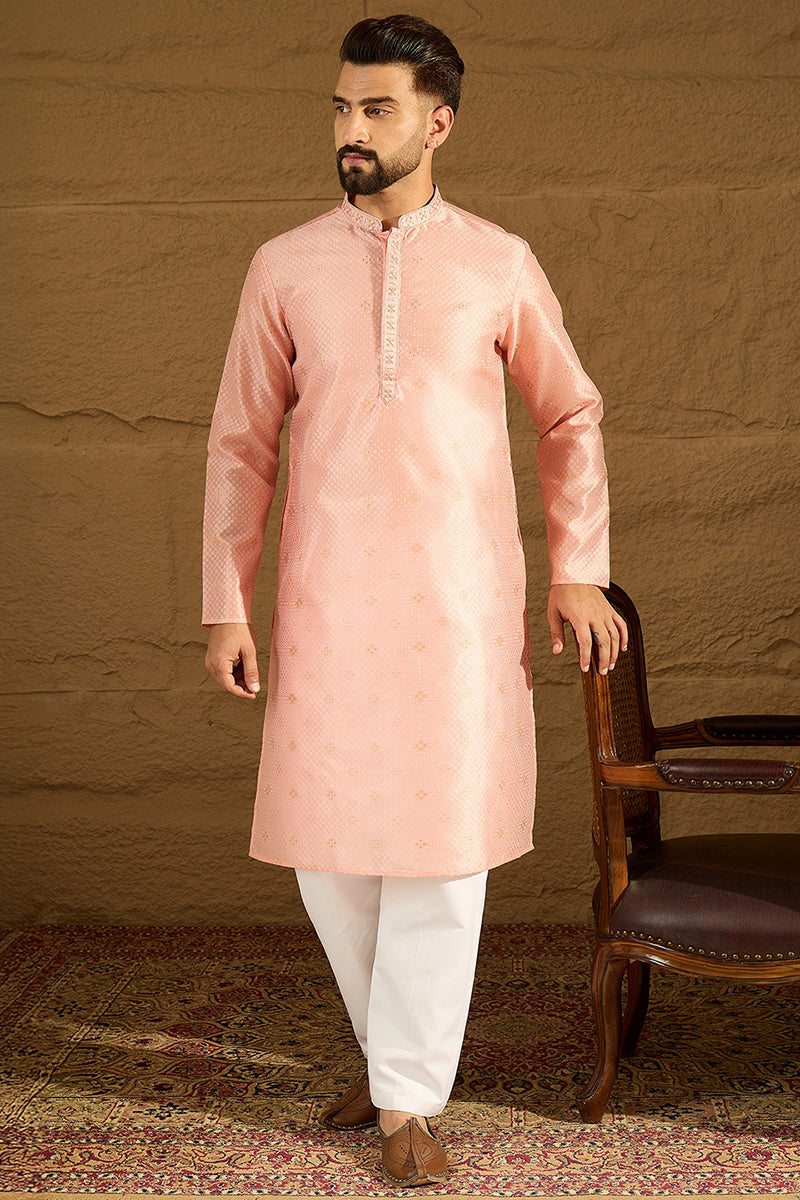 peach polyester solid embroidered straight kurta with trouser