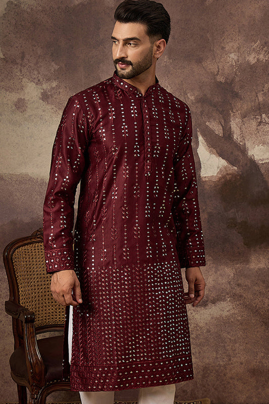Maroon Silk Blend Solid Embroidered Straight Kurta With Pant Set MKSET1361