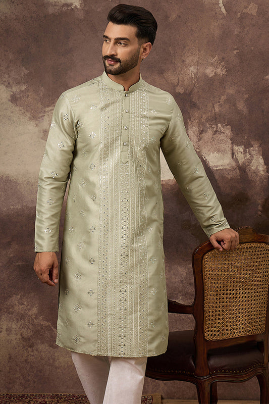 Green Silk Blend Solid Embroidered Straight Kurta With Pant Set MKSET1363
