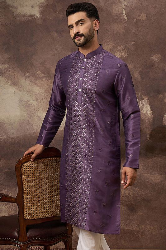 Purple Silk Blend Embroidered Sequins Straight Kurta with Trouser MKSET1366