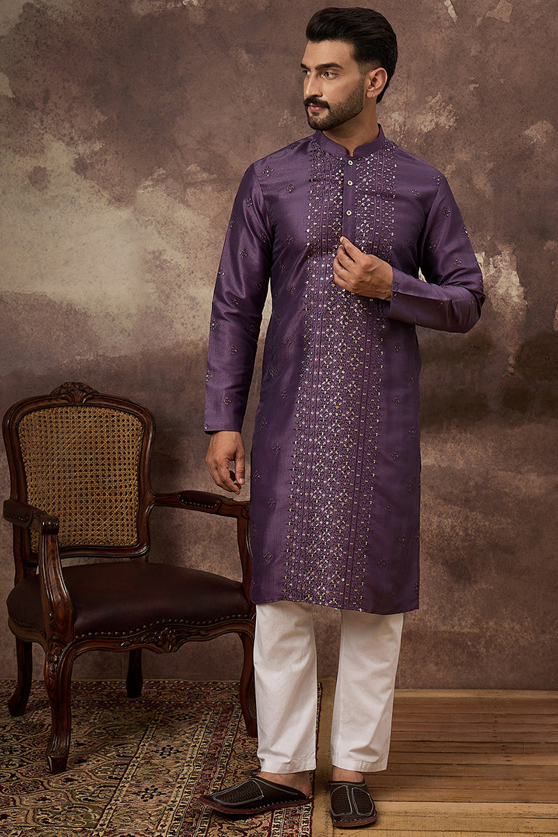 Purple Silk Blend Embroidered Sequins Straight Kurta with Trouser