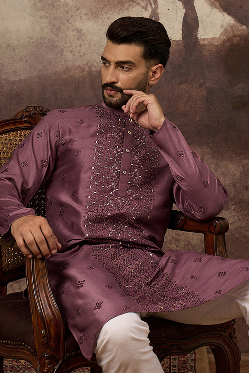 Mavue Silk Blend Solid Embroidered Straight Kurta with Trouser MKSET1368