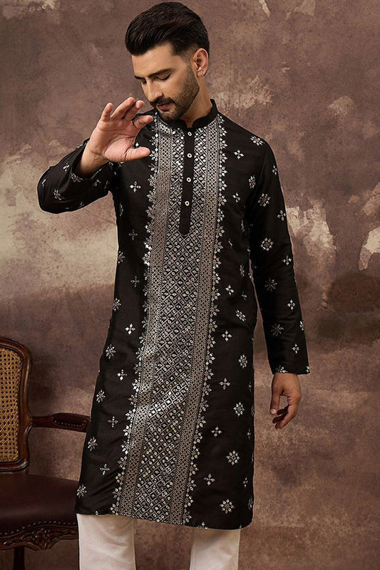 Black Silk Blend Solid Embroidered Straight Kurta With Pant Set MKSET1370