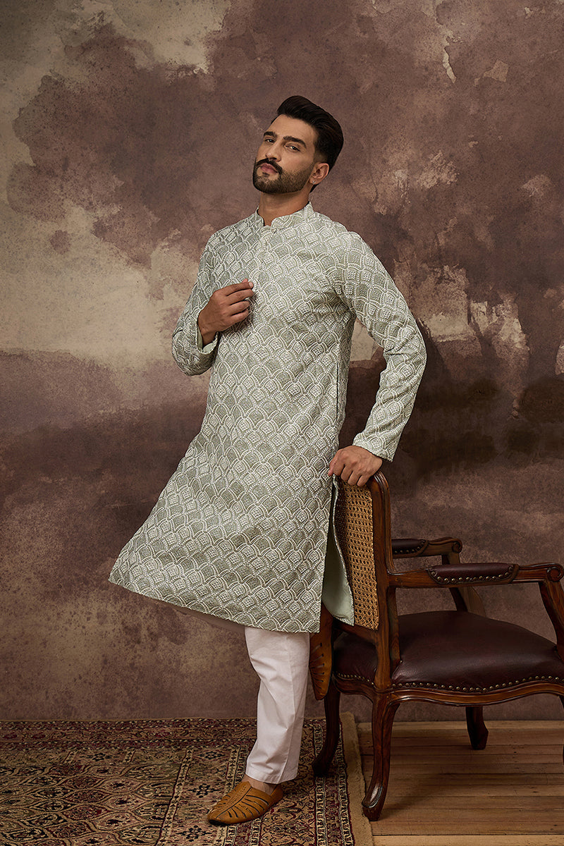 green viscose rayon solid embroidered straight kurta with trouser
