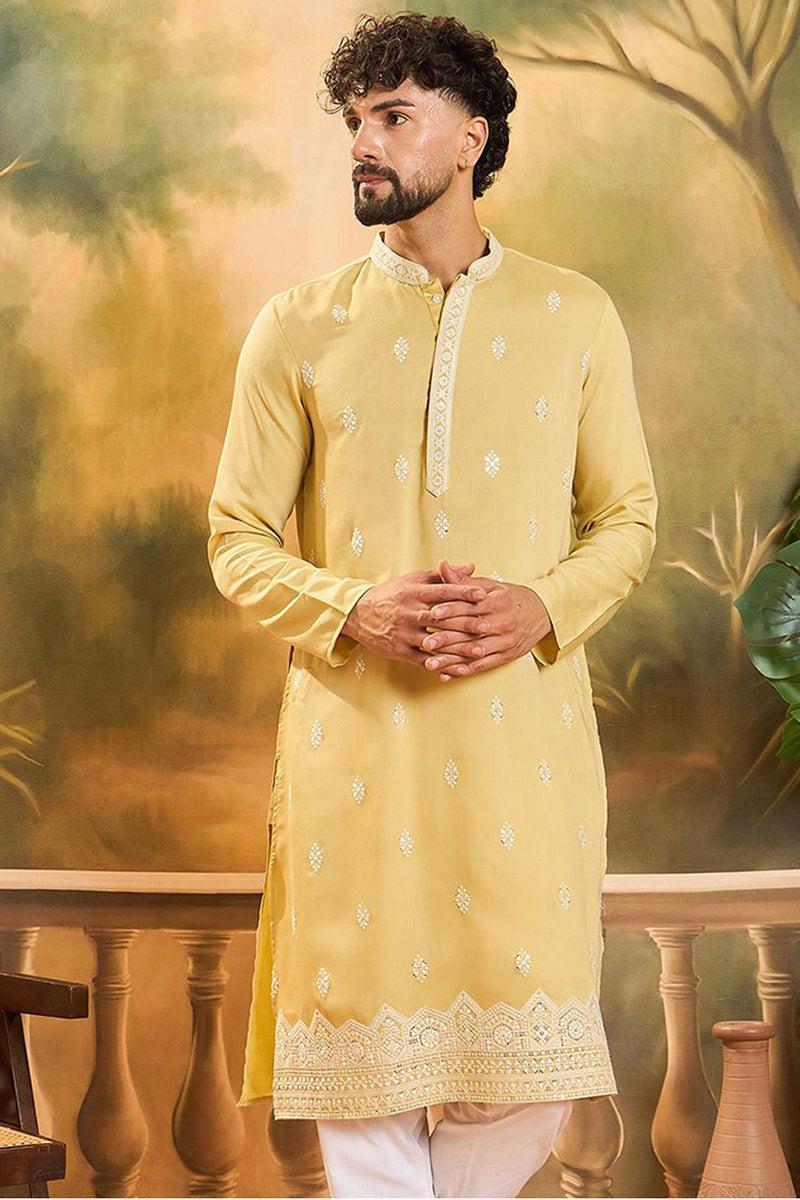 Yellow Silk Blend Solid Embroidered Straight Kurta with Trouser MKSET1434