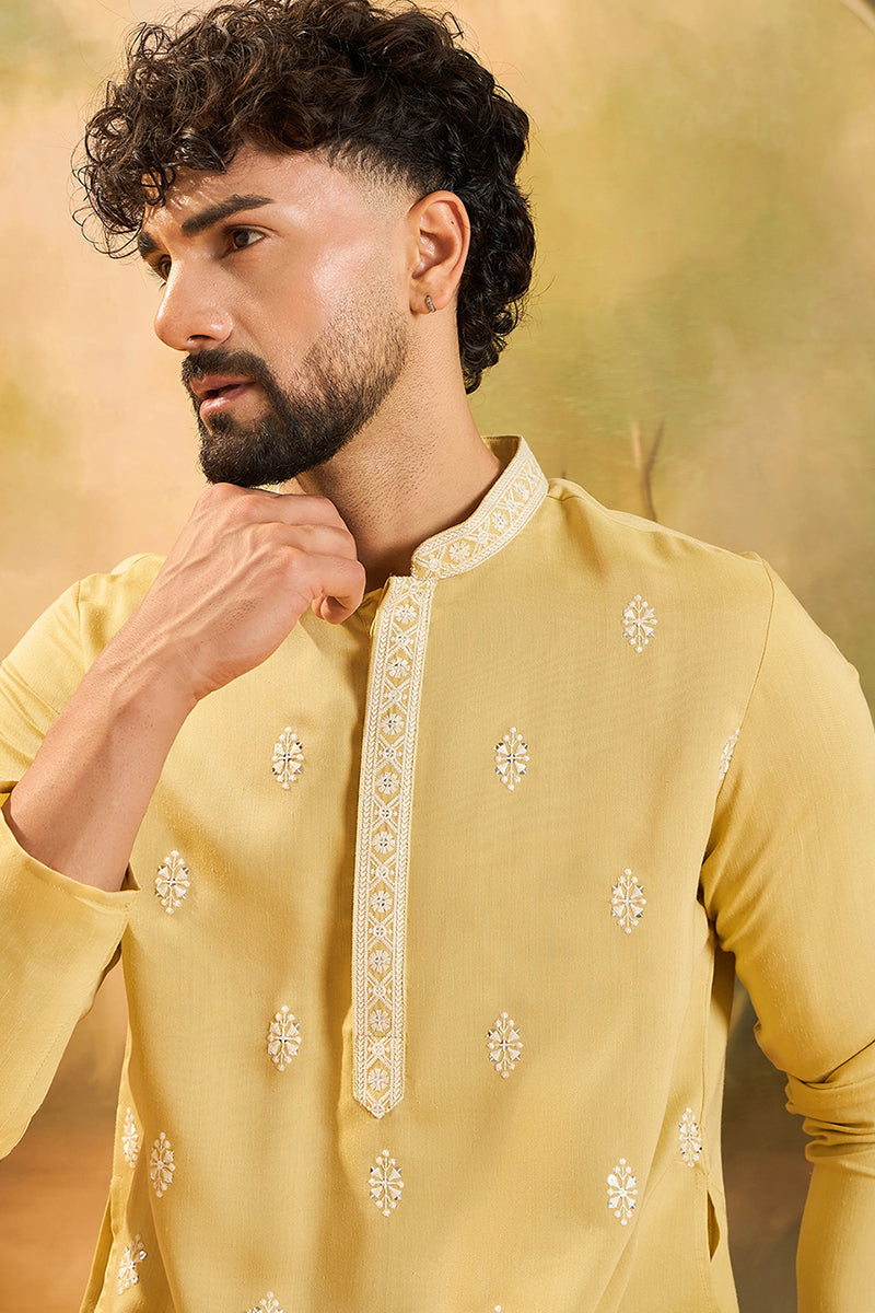 Yellow Silk Blend Solid Embroidered Straight Kurta with Trouser MKSET1434