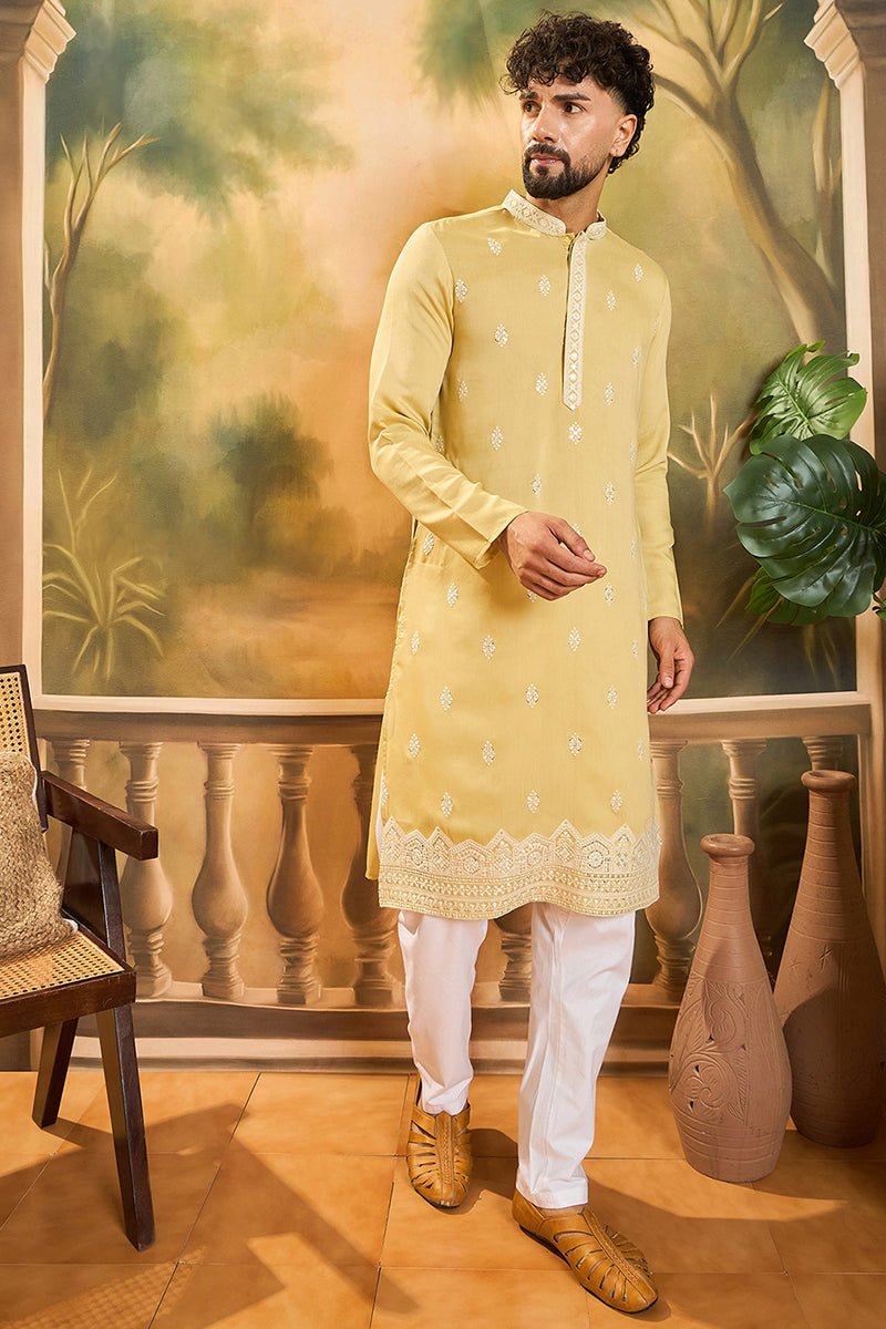 Yellow Silk Blend Solid Embroidered Straight Kurta with Trouser MKSET1434
