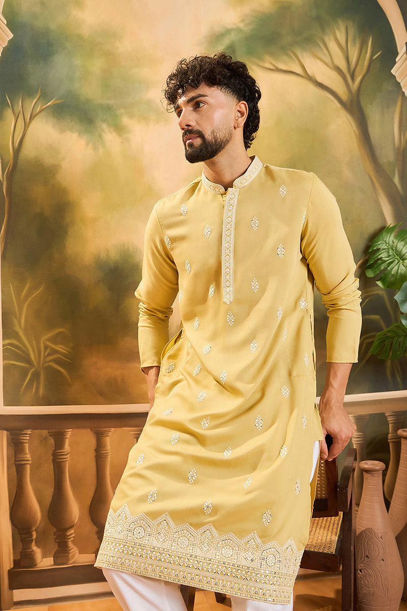 Yellow Silk Blend Solid Embroidered Straight Kurta with Trouser