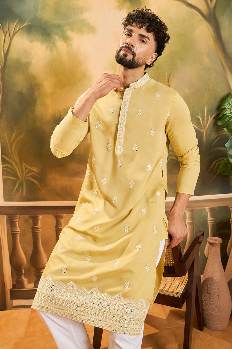 Yellow Silk Blend Solid Embroidered Straight Kurta with Trouser