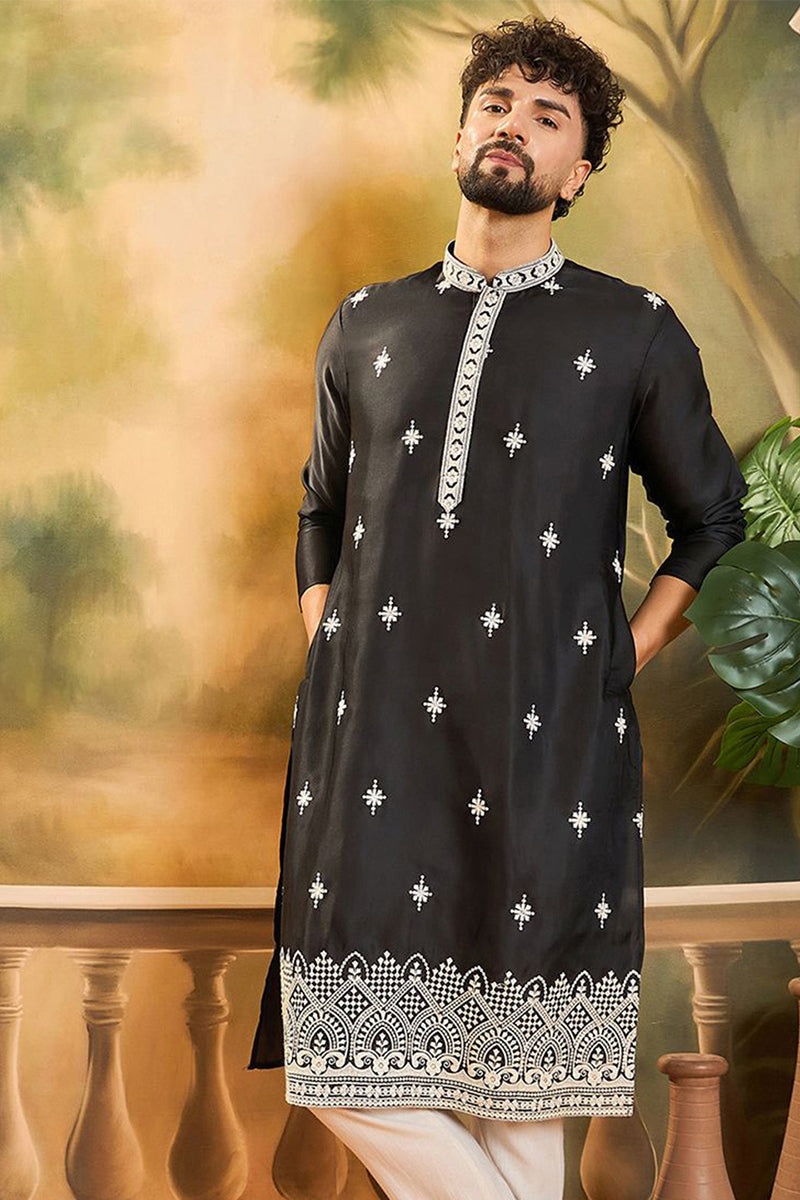 Black Silk Blend Solid Embroidered Straight Kurta with Trouser MKSET1441