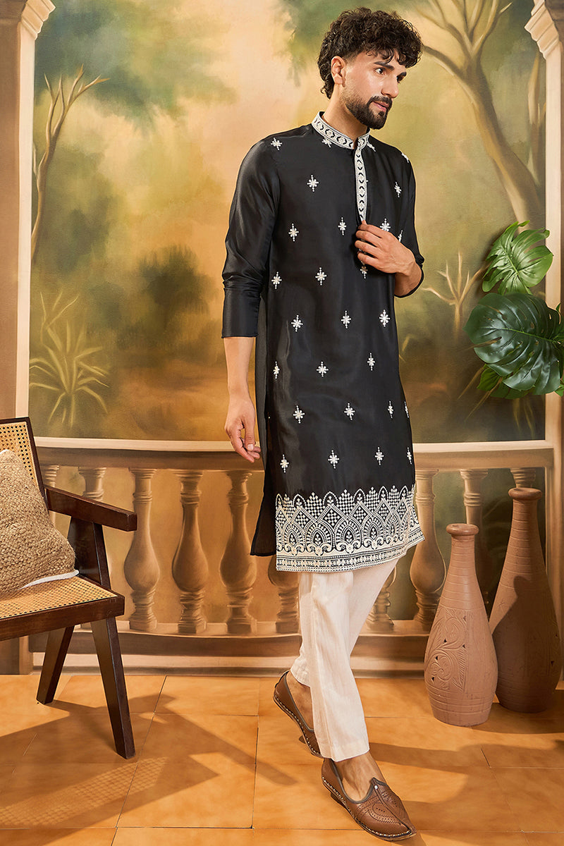 Black Silk Blend Solid Embroidered Straight Kurta with Trouser MKSET1441