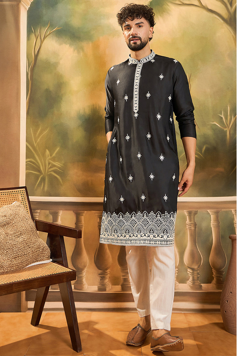 Black Silk Blend Solid Embroidered Straight Kurta with Trouser