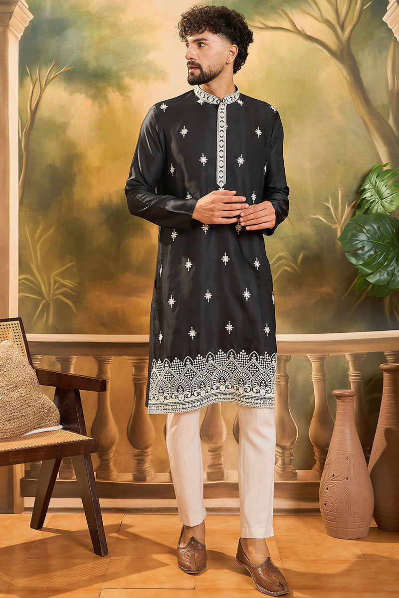 Black Silk Blend Solid Embroidered Straight Kurta with Trouser